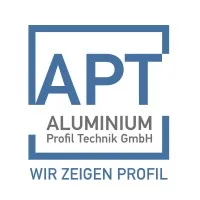 Quadratisches Logo der Firma APT in den Farben Blau und Grau