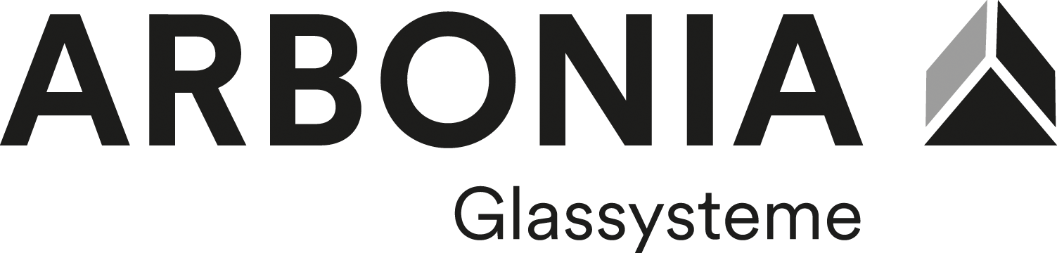 Logo der Firma Arbonia Glassysteme in schwarzer Schrift, rechts ein dachförmiges Gebilde
