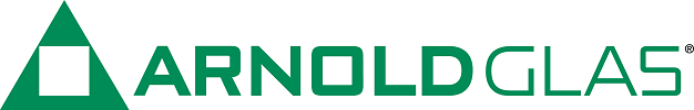 Logo der Firma ArnoldGlas in Gründer Schrift, links ein grünes Dreieck gefüllt mit einem weißen Quadrat