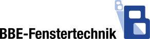 Logo der Firma BBE-Fenstertechnik, rechts eine blaue, rechteckige Form