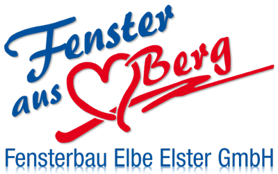 Logo der Firma Fensterbau Elbe Elster GmbH in blauer Schrift mit rotem Herz