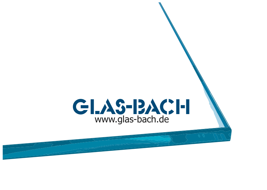 Logo der Firma Glas-Bach in dunkelblauer Schrift, umrandet mit einer blauen Kante