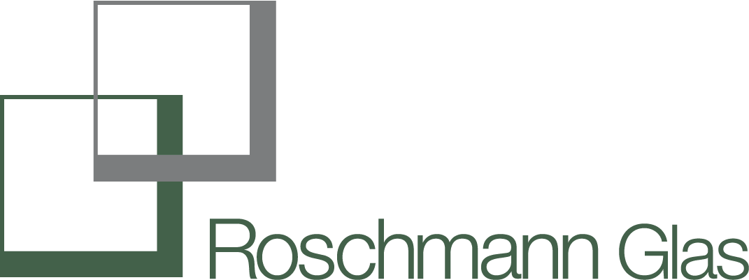 Logo der Firma Roschmann Glas mit zwei quadratischen Fenstern in den Farben Grau und Grün